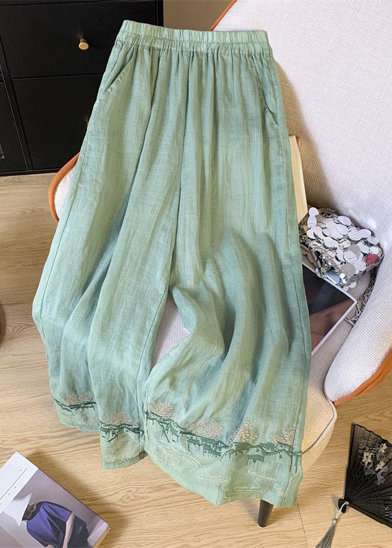 Chinese Style Pink Embroidered Patchwork Elastic Waist Wide Leg Pants