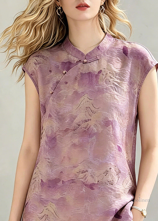 Chinese Style Pink Stand Collar Tops Summer