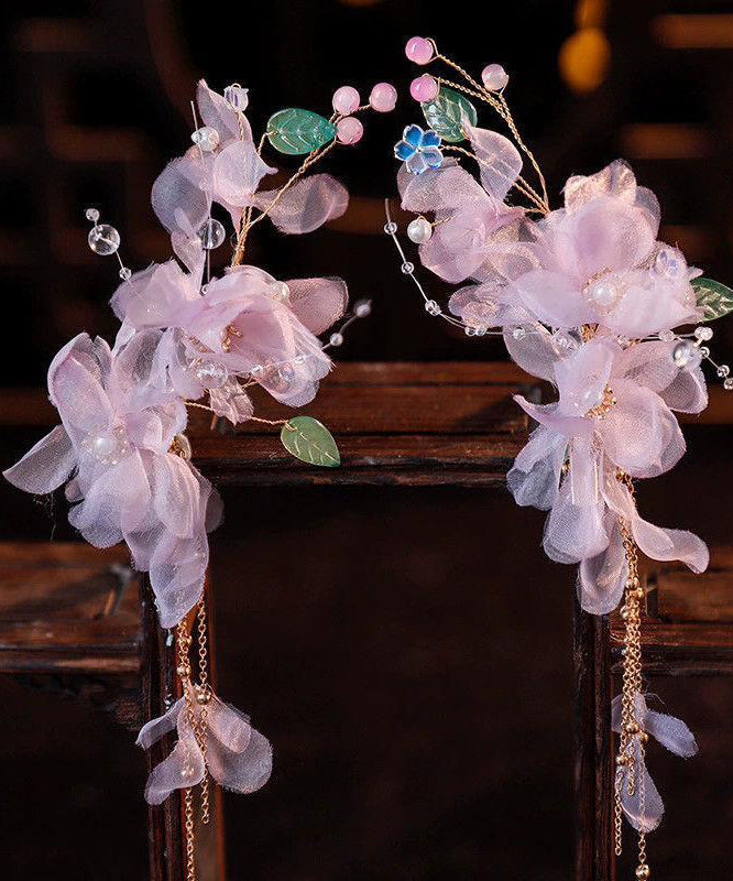 Chinese Style Purple Alloy Tulle Floral Tassel A Pair Hairpin