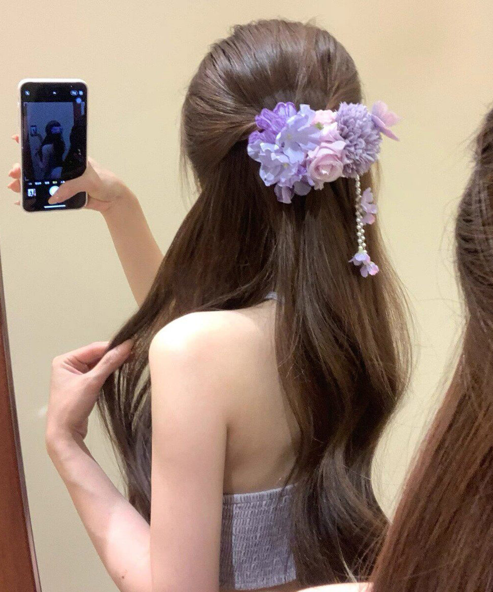 Chinese Style Purple Cloth Floral Beading Tassel Hairpin