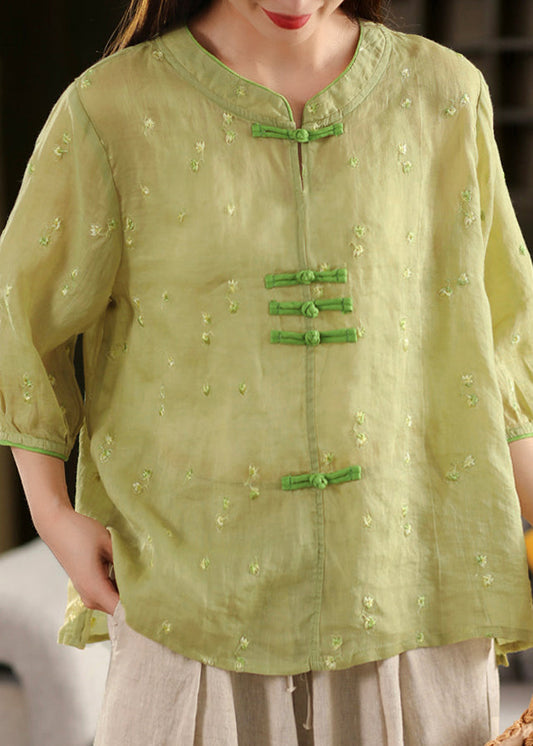 Chinese Style Purple Embroidered Oriental Button Linen Top Summer