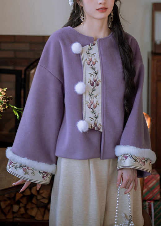 Parka de invierno de algodón con cuello de piel morado y bolas peludas de estilo chino