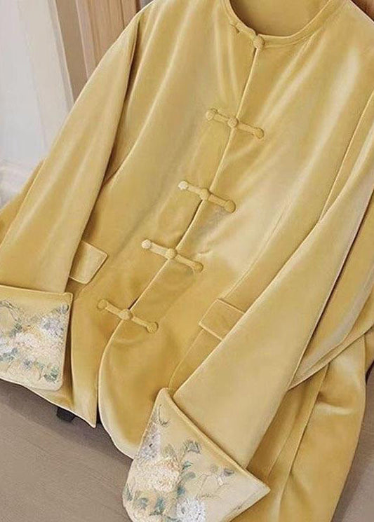 Lila Seidenvelours-Top im chinesischen Stil mit Rundhalsausschnitt, Stickerei und Knöpfen, Frühling