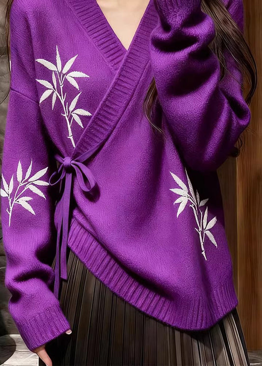 Lila Strickpullover im chinesischen Stil mit Bindegürtel, dicker Baumwollstrick mit Print, Herbst