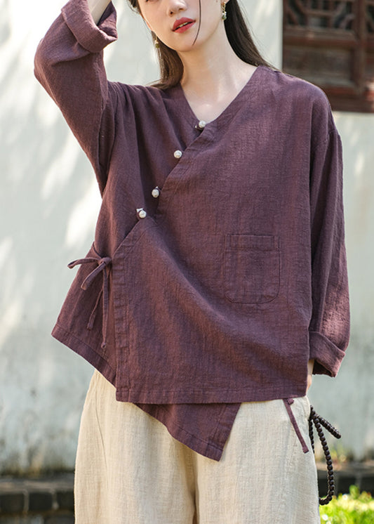 Chinese Style Purple V Neck Lace Up Pockets Cotton Blouses Fall