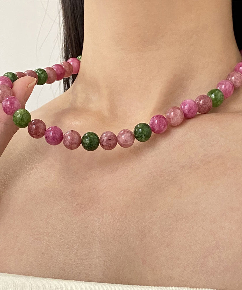 Chinese Style Rainbow Alloy Gem Stone Agate Gratuated Bead Necklace