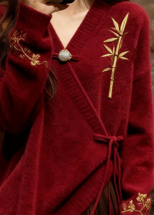 Roter, bestickter Baumwollstrickpullover im chinesischen Stil mit Bindegürtel für den Herbst