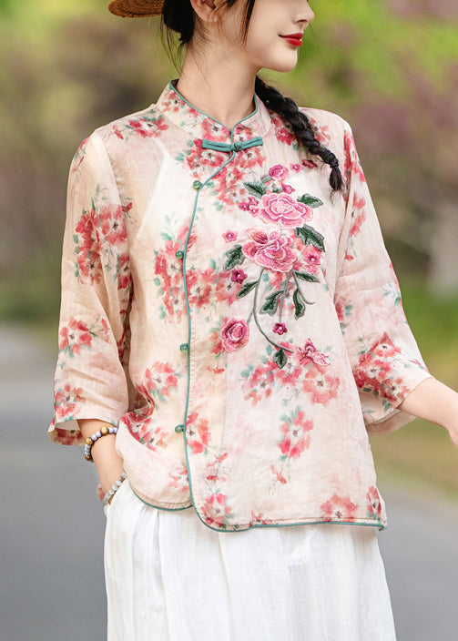 Chinese Style Red Print Button Linen Shirt Bracelet Sleeve