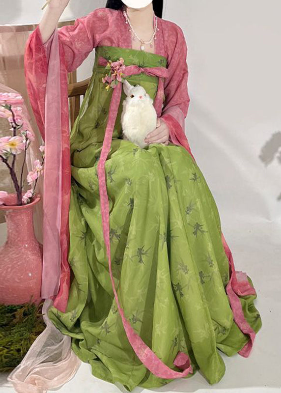 Chinese Style Red Print Top And Maxi Skirts Two Piece Set Fall