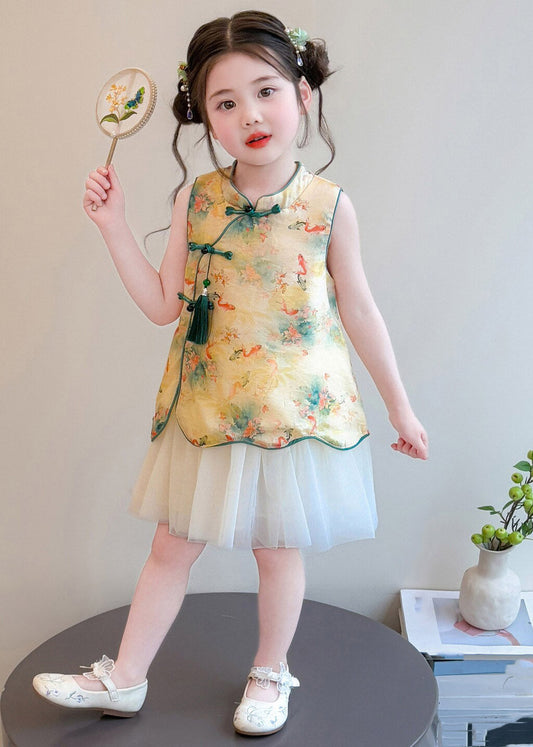 Chinese Style Red Stand Collar Print Tulle Patchwork Kids Long Dress Summer