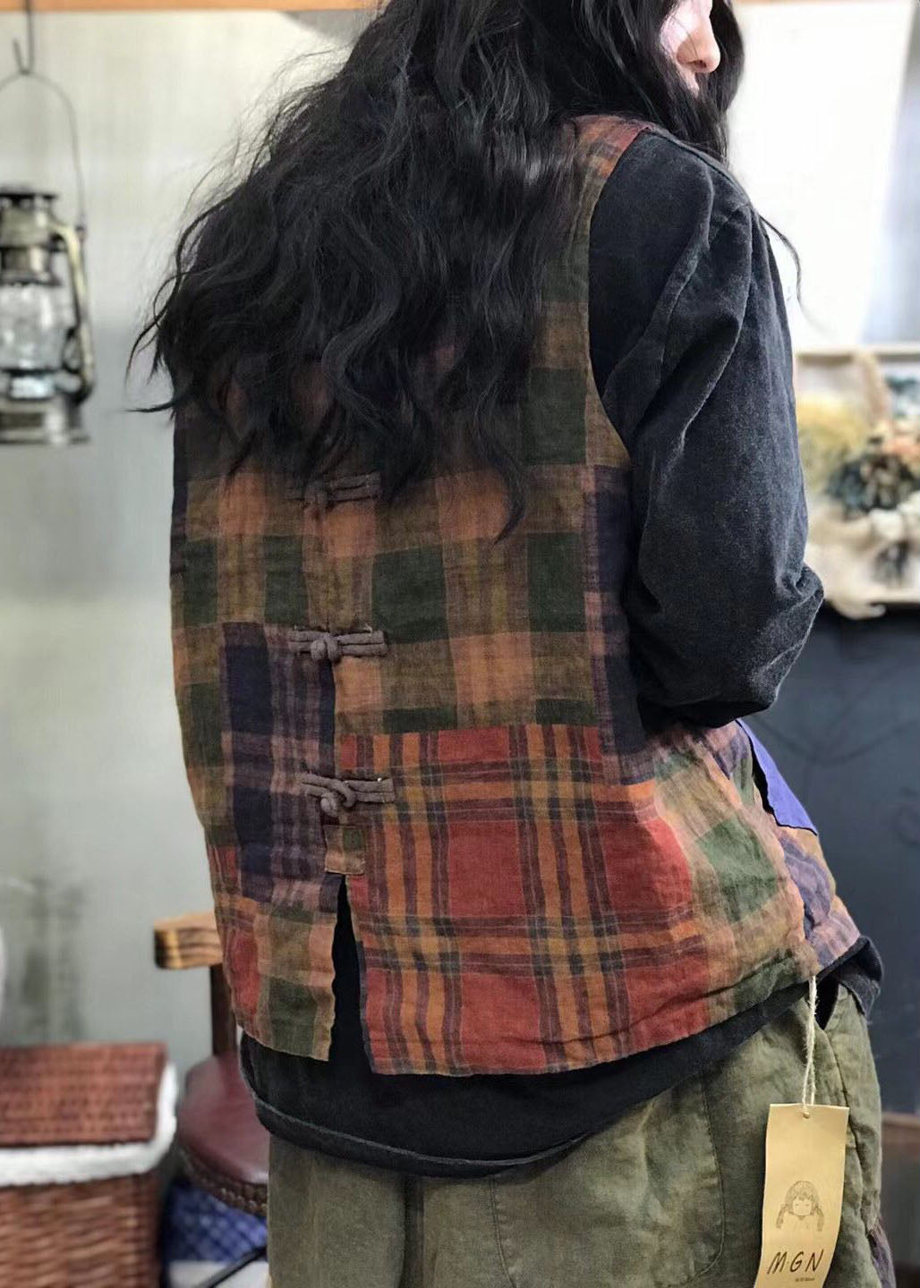 Chinesischen Stil Rote taschen seite offen Patchwork Plaid Leinen weste