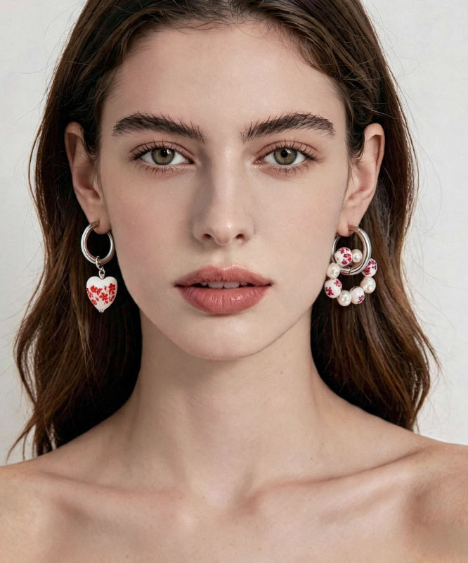 Chinese Style Silk Blue Stainless Steel Heart-Shaped Ceramics Asymmetrica Hoop Earrings