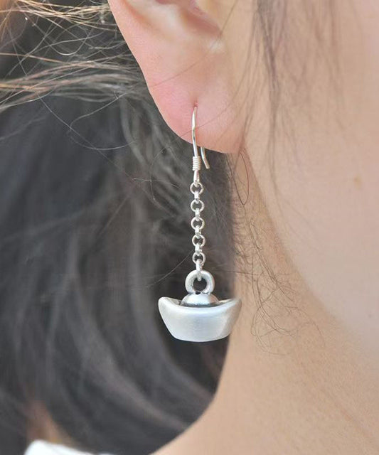 Pendientes colgantes asimétricos de plata de ley y seda de estilo chino