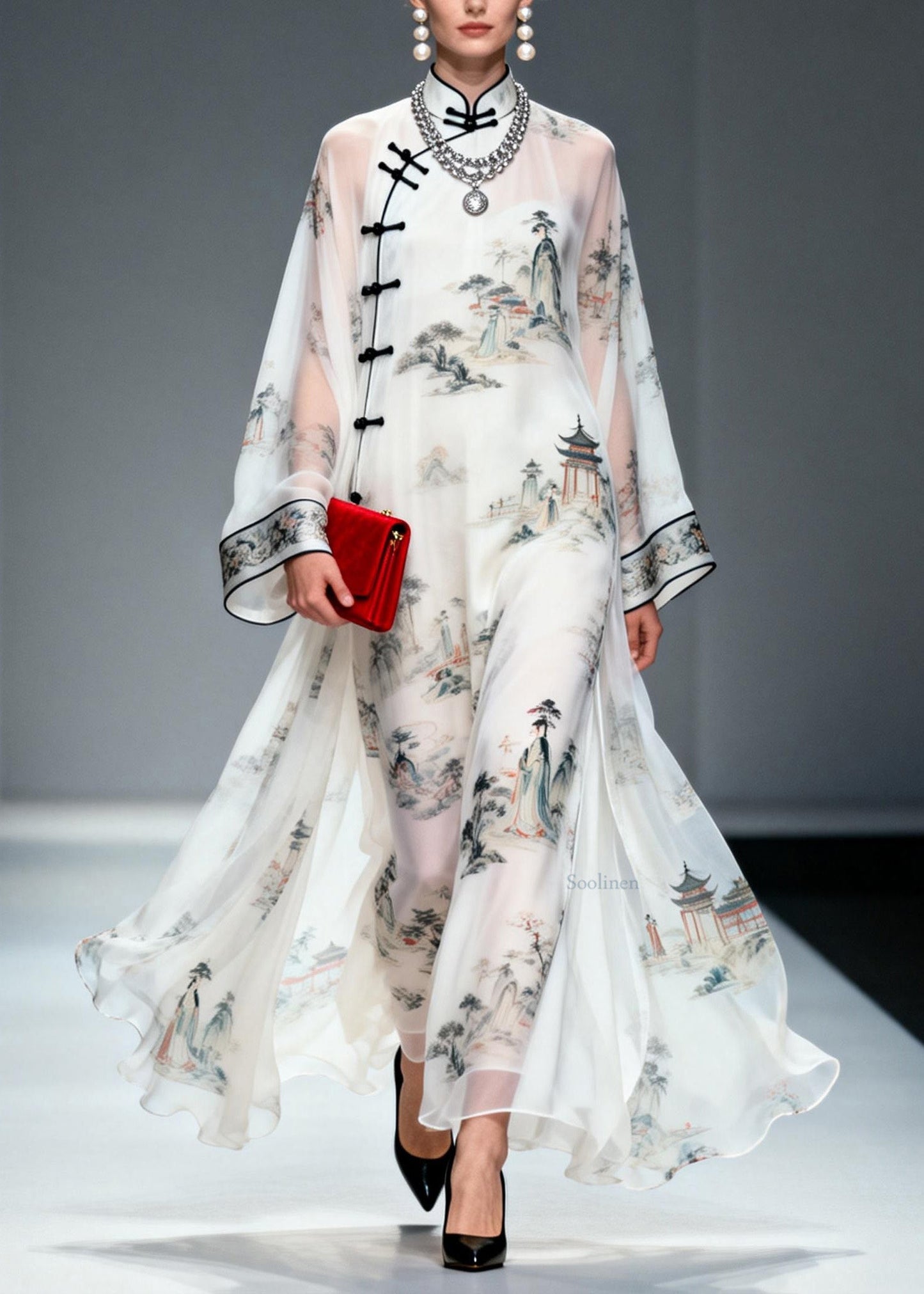 Chinese Style Stand Collar Print Oriental Button Chiffon Dress Spring
