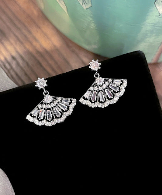 Chinese Style White Copper Zircon Fan-Shaped Tassel Drop Earrings