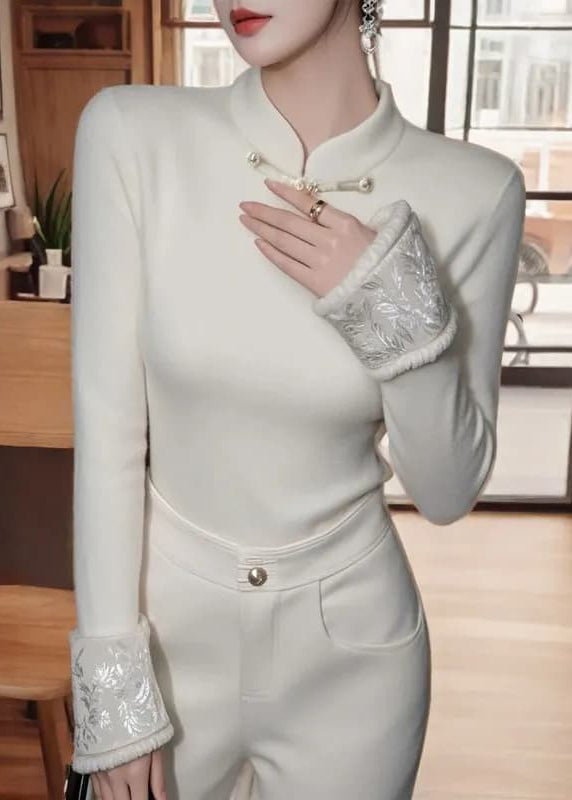 Weiße Patchwork-Bluse im chinesischen Stil aus warmem Fleece für den Winter