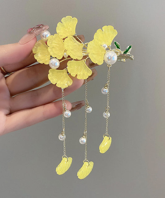 Chinese Style Yellow Alloy Coloured Glaze Pearl Ginkgo Leaves Tassel Hairpin
