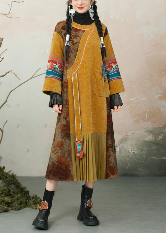 Chinese Style Yellow Embroidered Wrinkled Patchwork Chenille Long Dress Spring