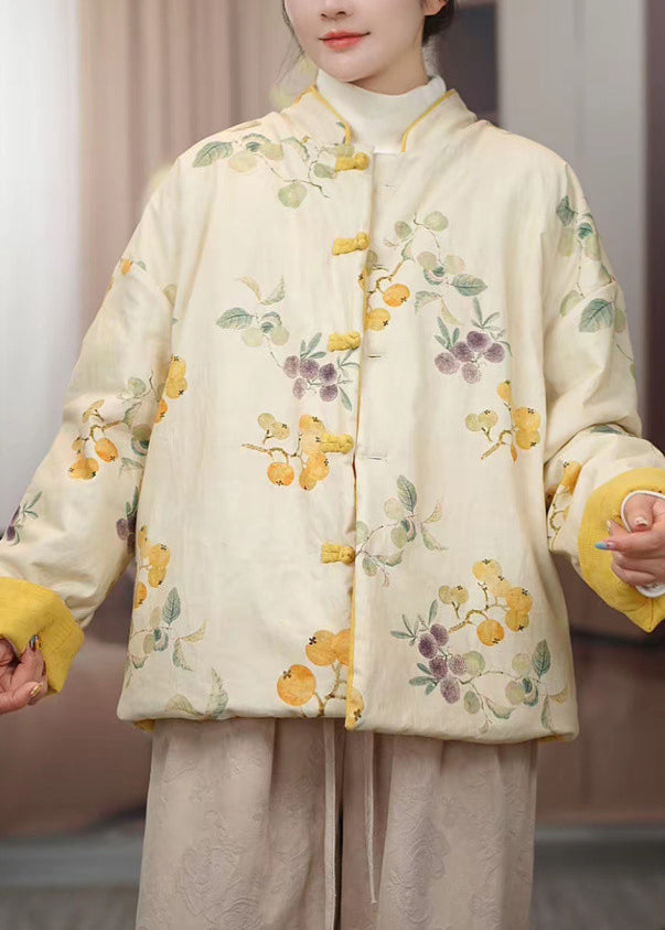 Gelbe Parkas im chinesischen Stil mit Stehkragen, Knopfleiste, Baumwollfüllung und Print – ideal für den Winter
