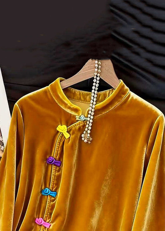 Chinese Style Yellow Stand Collar Hollow Out Silk Velour Shirts Fall