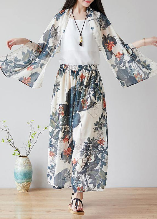 Chinese style nude color printing retro loose large size casual chiffon skirt pants wide leg pants skirt + shawl - SooLinen