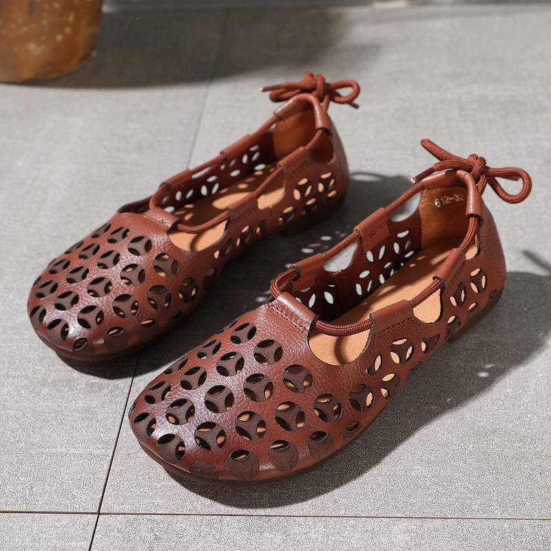 Chocolate Flat Shoes Cowhide Leather Vintage Hollow Out Flats - SooLinen