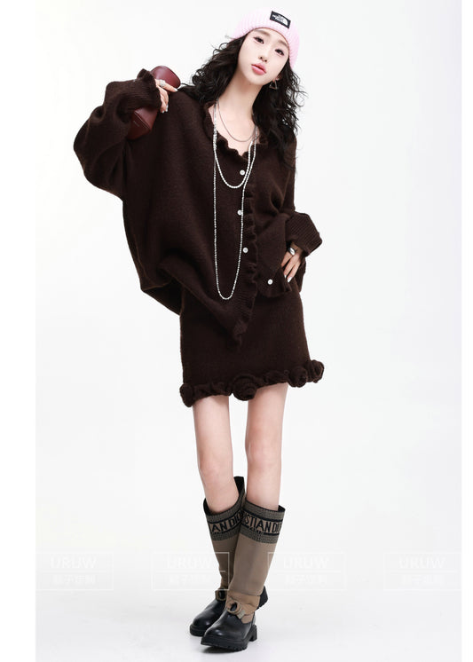 Chocolate Thick Knit Two Piece Suit Set Ruffled Flower Decorated Winter