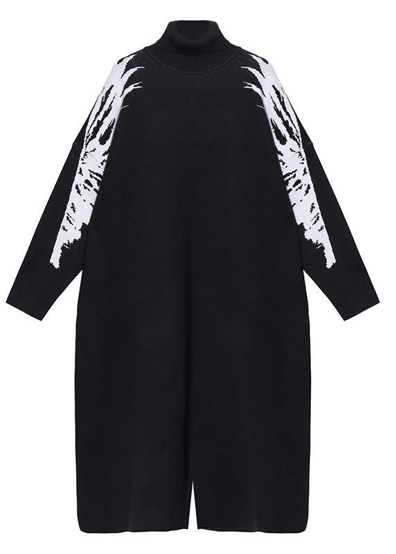 Christmas black Weaving flowers Sweater plus size high neck daily knit dress - SooLinen