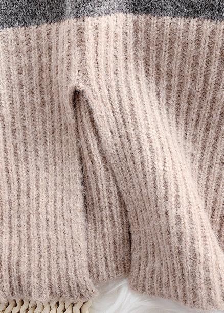 Chunky gray Heart print knit tops oversize high neck patchwork knitted top - SooLinen