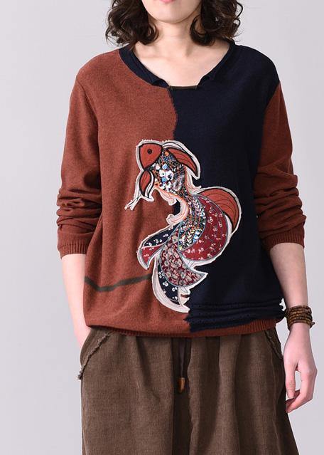 Chunky dark red patchwork navy sweater fall fashion Appliques sweaters o neck - SooLinen