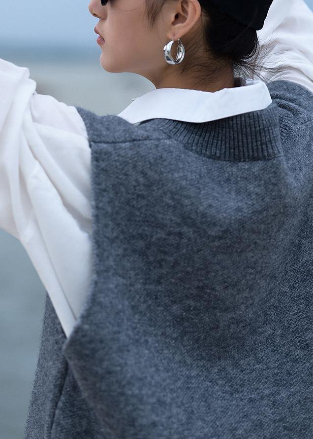 Chunky gray knit blouse v neck low high design trendy plus size fall knit tops - SooLinen