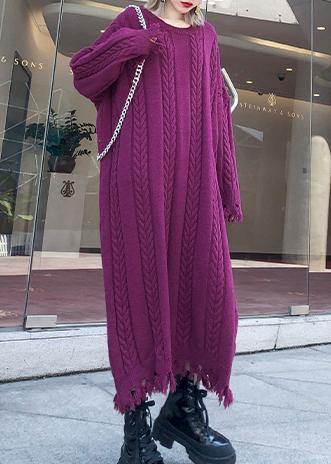 Chunky o neck tassel Sweater dress outfit Moda purple Ugly sweater dresses - SooLinen
