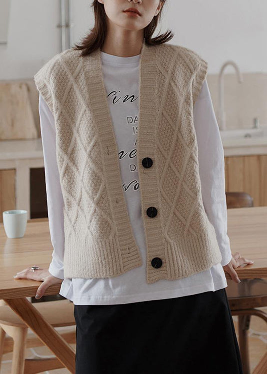 Chunky sleeveless beige knitwear plus size v neck knit blouse - SooLinen