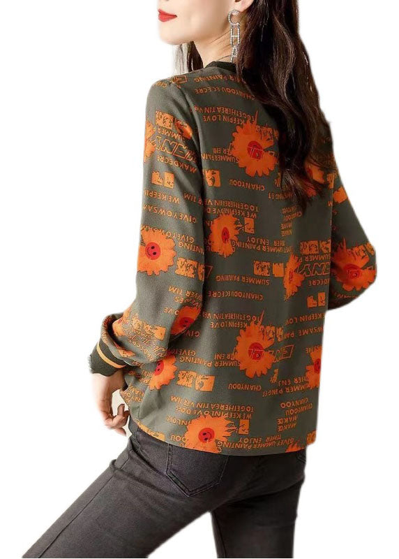 Edle Army Green Fashion Print Baumwolltops Frühling