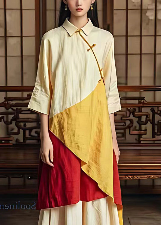 Edles beiges Knopf Patchwork Baumwollkleid Armband Ärmel