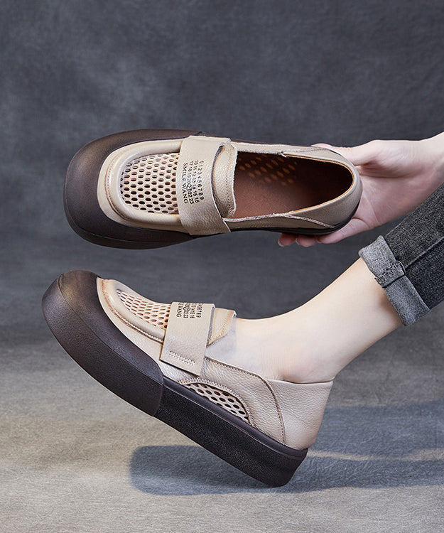 Edle beige Loafer-Schuhe aus atmungsaktivem Rindsleder mit Mesh-Spleißen und Plateau-Schnallenriemen