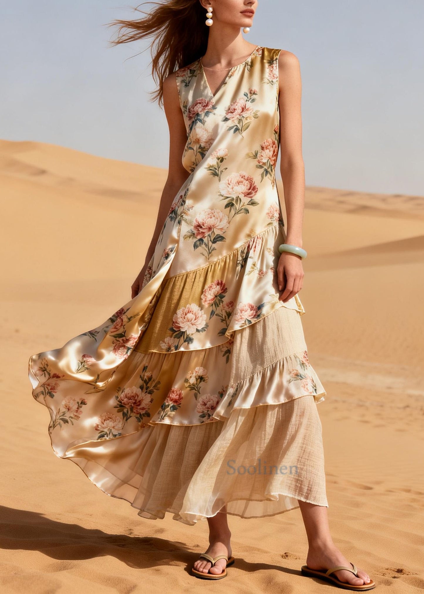 Classy Beige Ruffled Patchwork Print Silk Vacation Dresses Summer