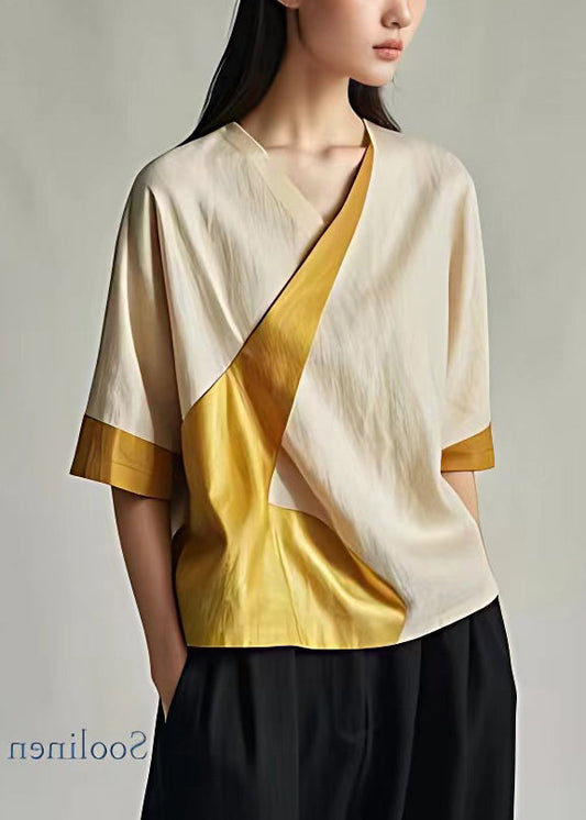 Edle beige Patchwork-Oberteile aus Baumwolle mit V-Ausschnitt und halben Ärmeln