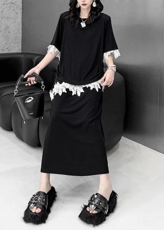 Classy Black Asymmetrical Patchwork Lace Two Pieces Set Summer