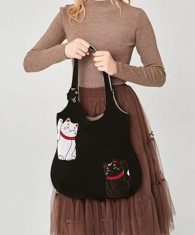 Classy Black Cat Embroidered Solid Durable Cotton Shoulder Bags