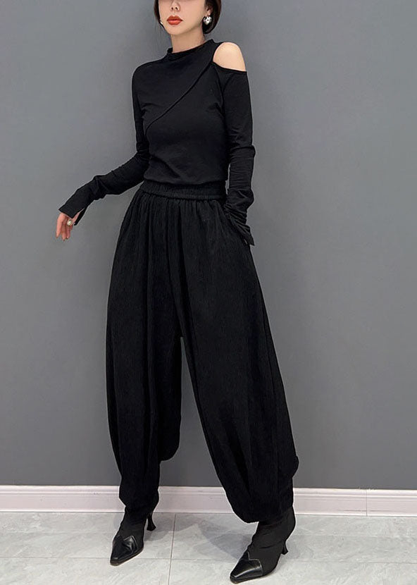 Edle Schwarze Haremshose mit elastischer Taille und Taschen aus dickem Cord