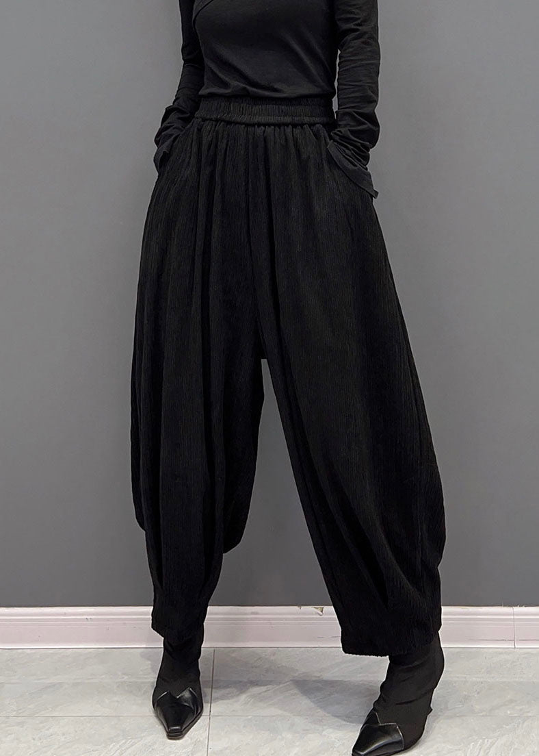 Edle Schwarze Haremshose mit elastischer Taille und Taschen aus dickem Cord