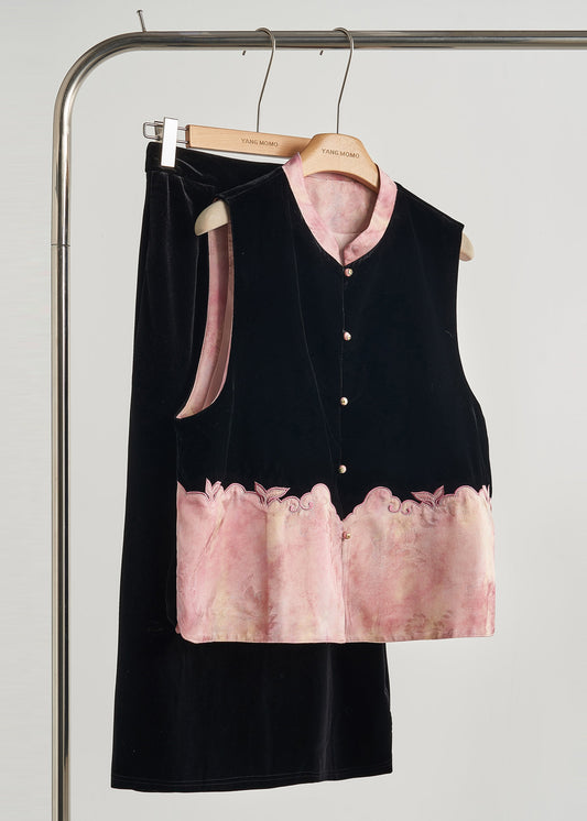 Classy Black Embroidered Patchwork Silk Velvet Vest Sleeveless