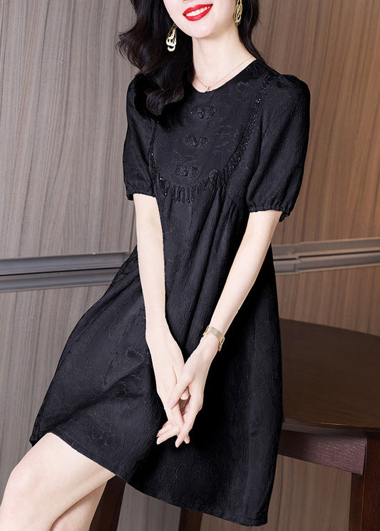 Classy Black O Neck Embroidered Cotton Dresses Summer