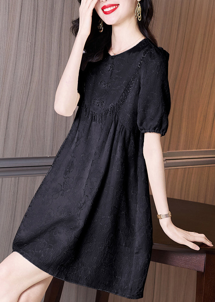Classy Black O Neck Embroidered Cotton Dresses Summer