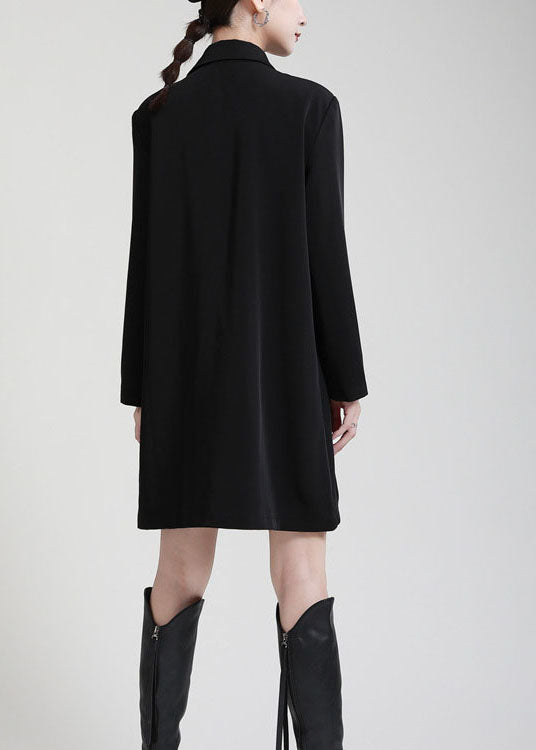 Edler schwarzer Peter-Pan-Kragen, Knopf, asymmetrisches Design, Taschen, Herbst-Maxikleider, lange Ärmel