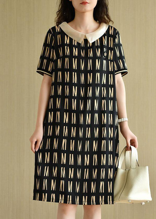 Classy Black Peter Pan Collar Graphic Patchwork Summer Maxi Dress Short Sleeve - SooLinen