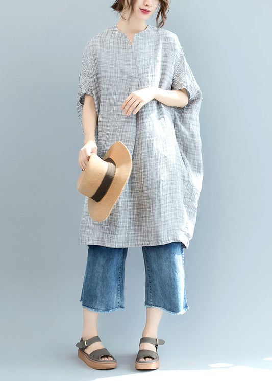 Edles, schwarz kariertes, lockeres Leinentop mit Fledermausflügelärmeln