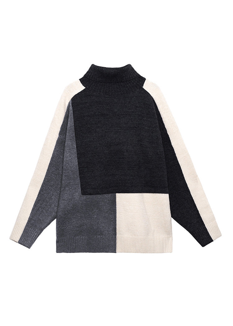 Edler schwarzer Rollkragenpullover Patchwork gemütlich dick gestrickt Baumwolle Pullover Winter