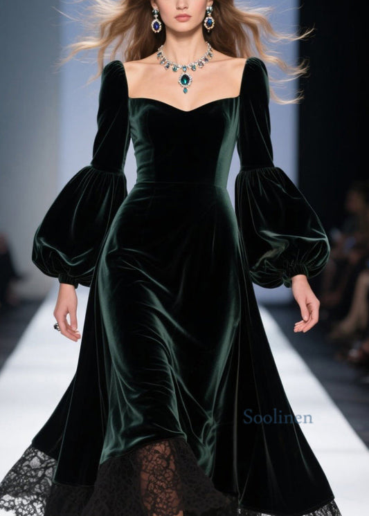 Elegantes vestidos de terciopelo con patchwork de encaje verde negruzco para primavera